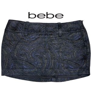 Bebe Blue and Black Brocade Lined Dressy Mini Skirt w/ Belt Loops Womens Size 10